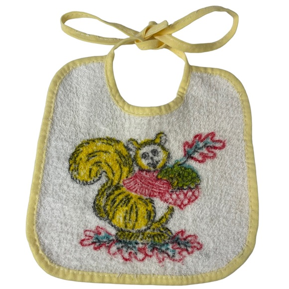 Vintage Squirrel Acorn Oak Leaf Tie-up Baby Bib Infant Nature Red Yellow Photos - Picture 1 of 10